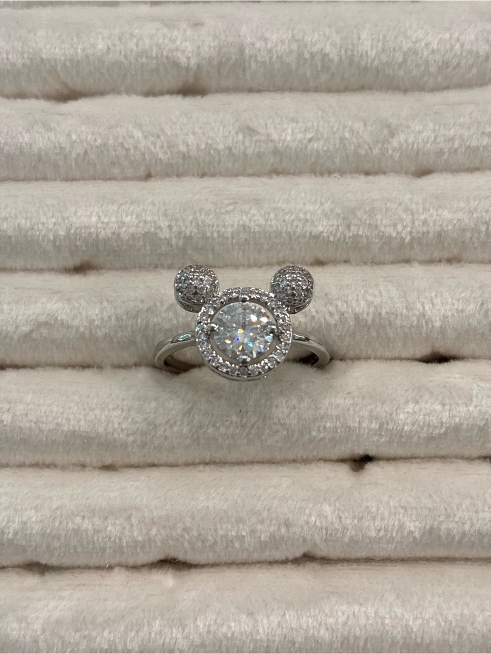 Silver Tone Crystal Marcasite  Mickey Ear Halo Ring - White-Sz 7 1/2